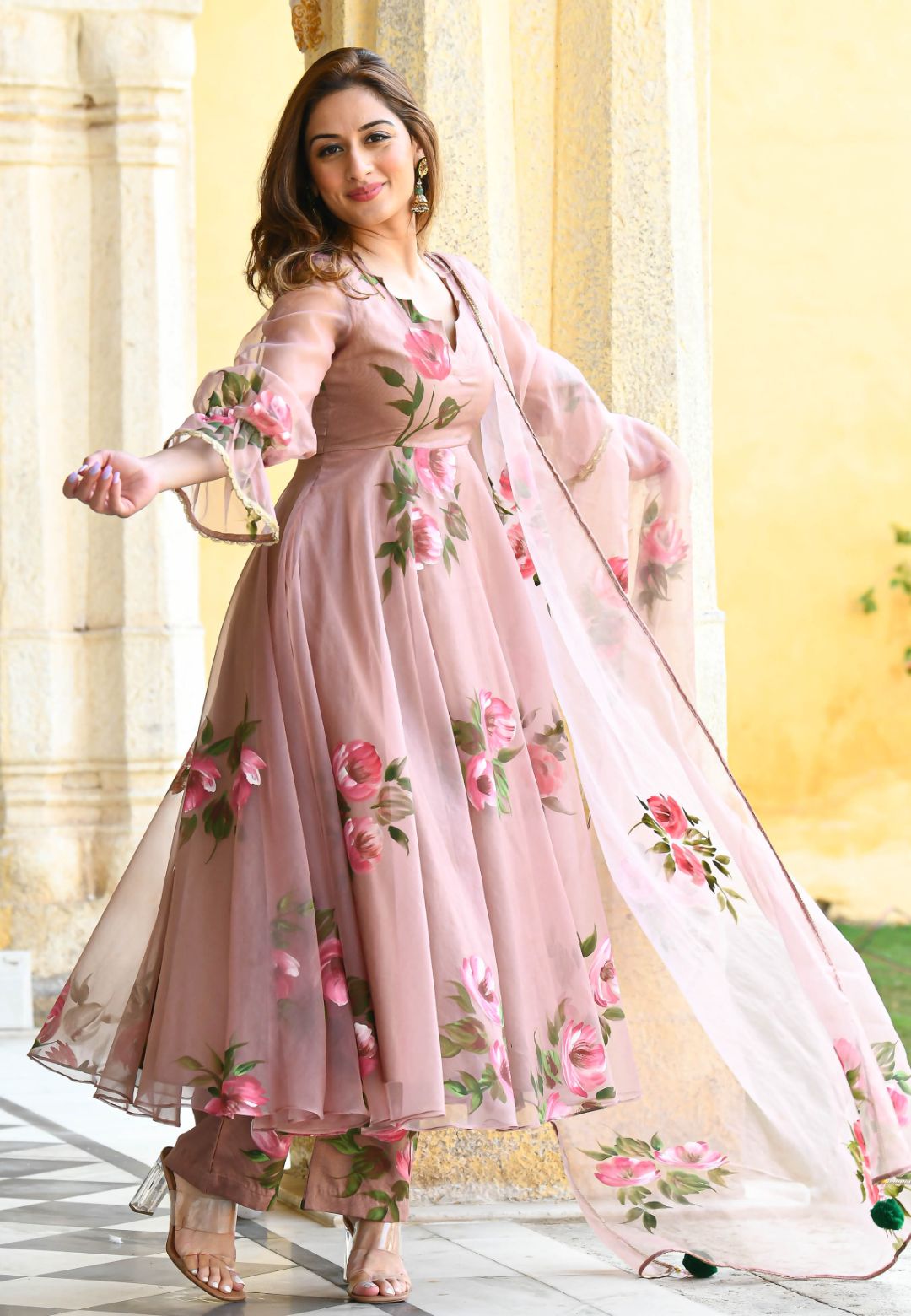 SWEET PINK HANDPAINTED ORGANZA SUIT SET