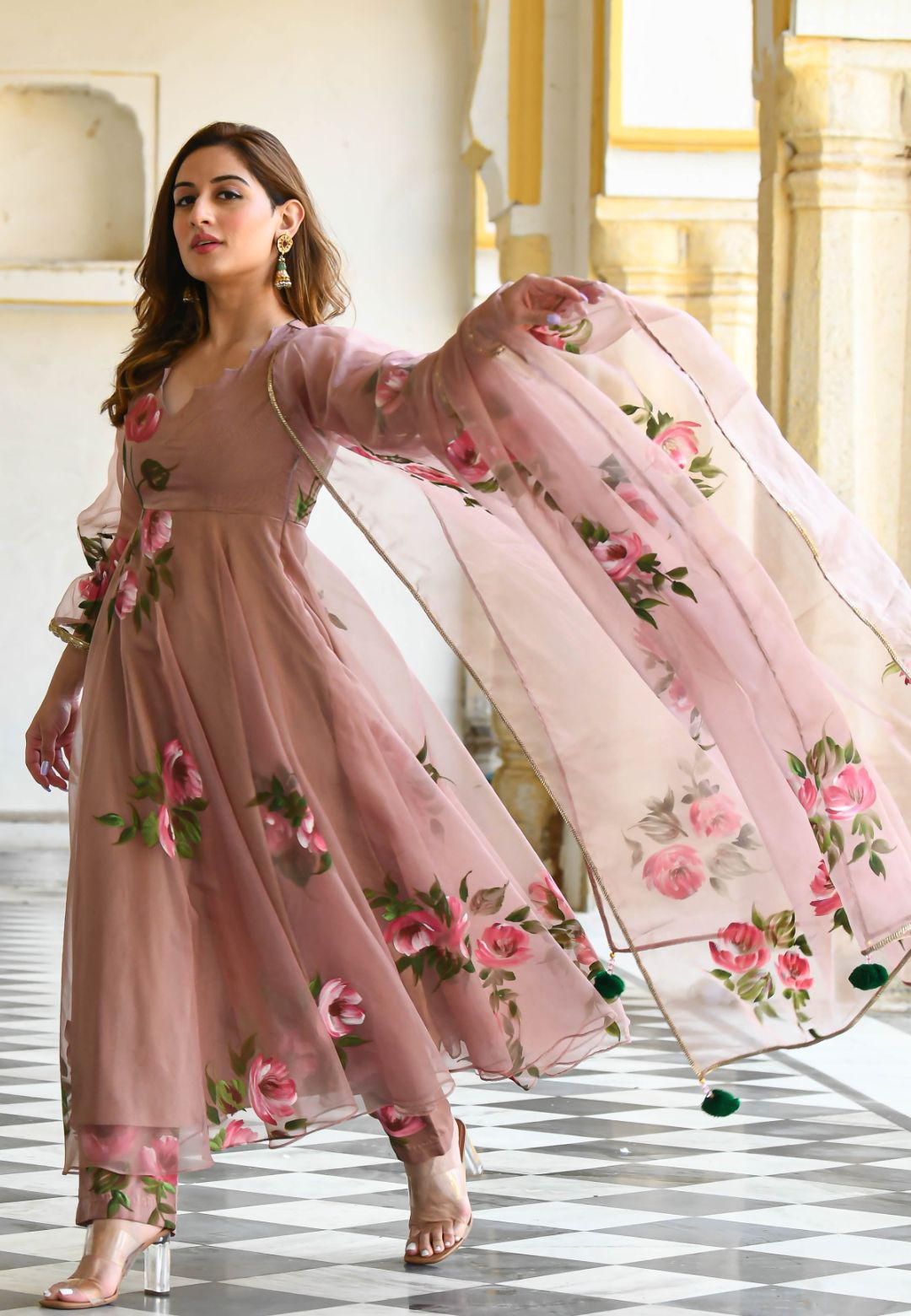 SWEET PINK HANDPAINTED ORGANZA SUIT SET