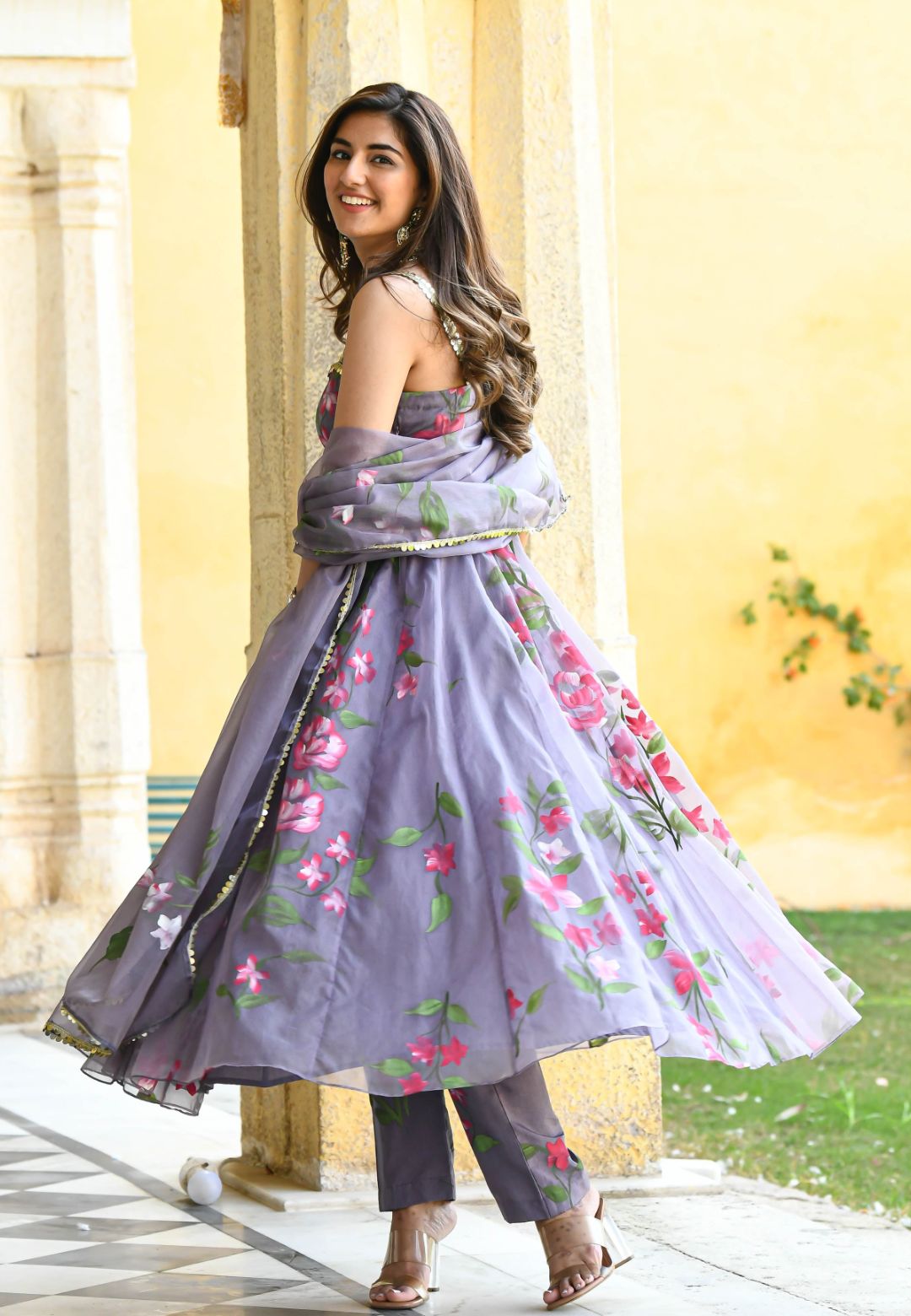 DARK GREY HANDPAINTED TWIRL ORGANZA SUIT SET