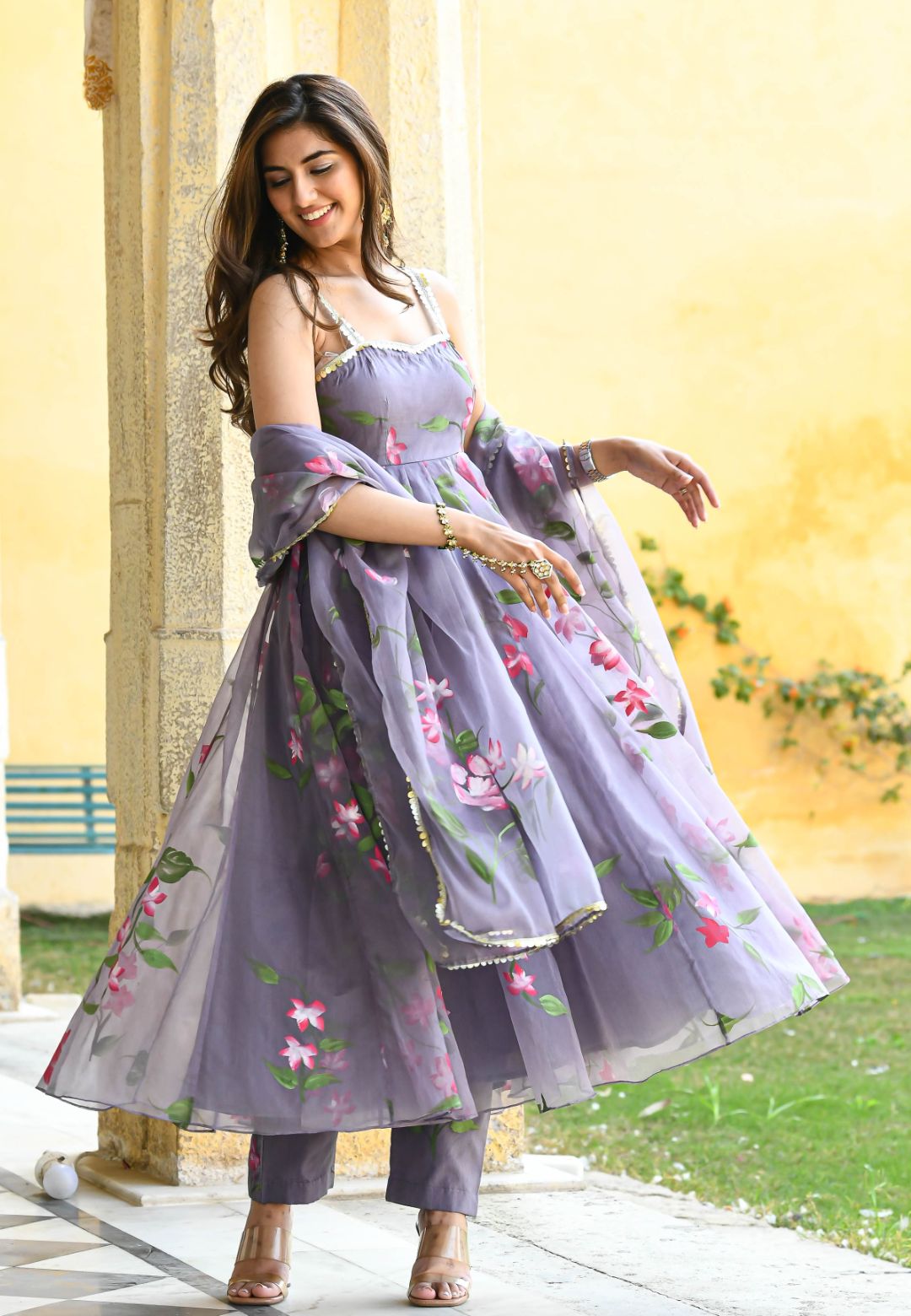 DARK GREY HANDPAINTED TWIRL ORGANZA SUIT SET