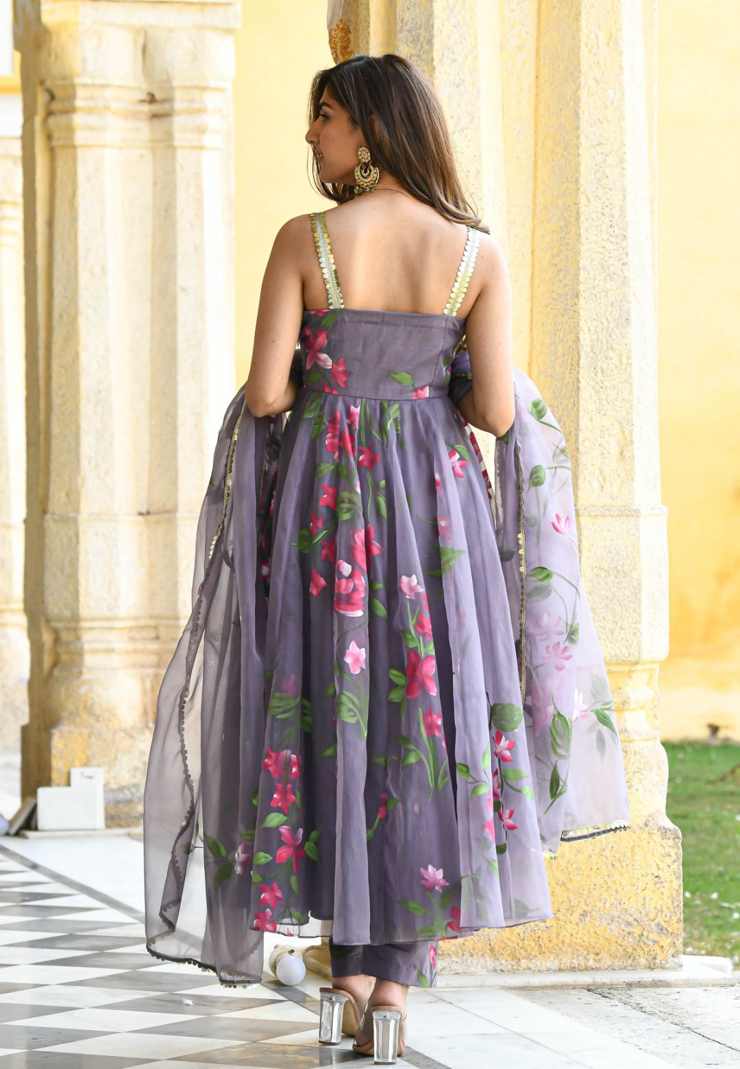 DARK GREY HANDPAINTED TWIRL ORGANZA SUIT SET