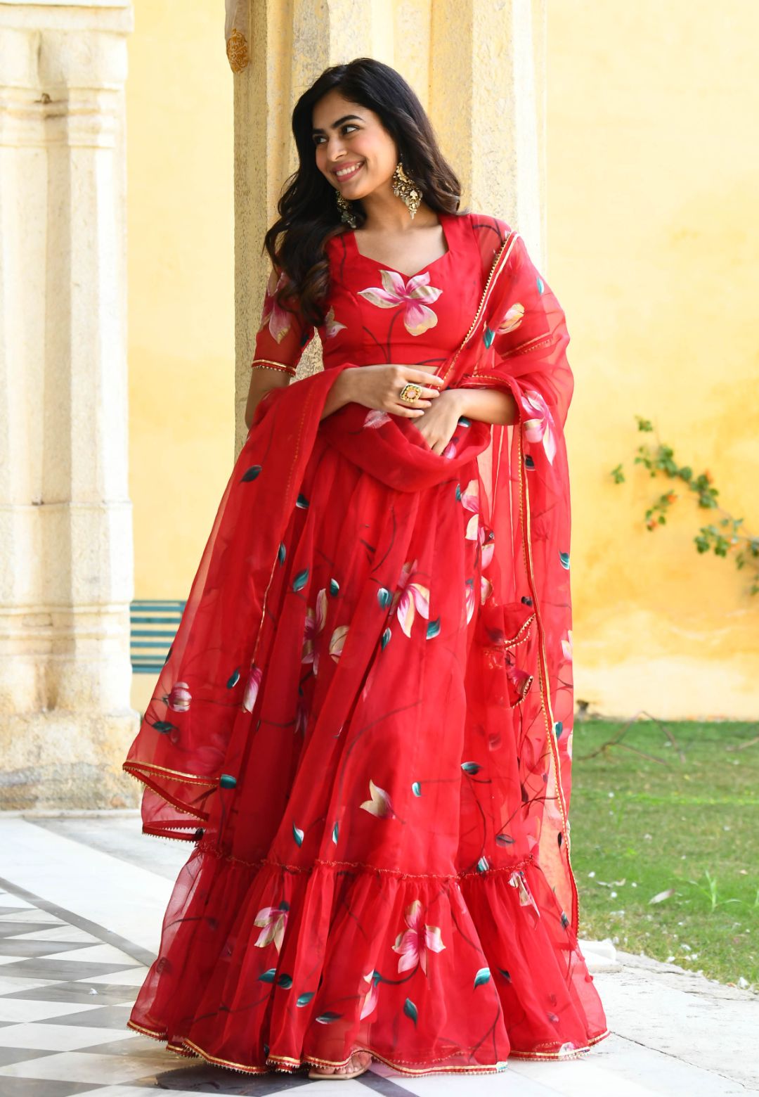 RED FLORAL HANDPAINTED ORGANZA LEHENGA SET