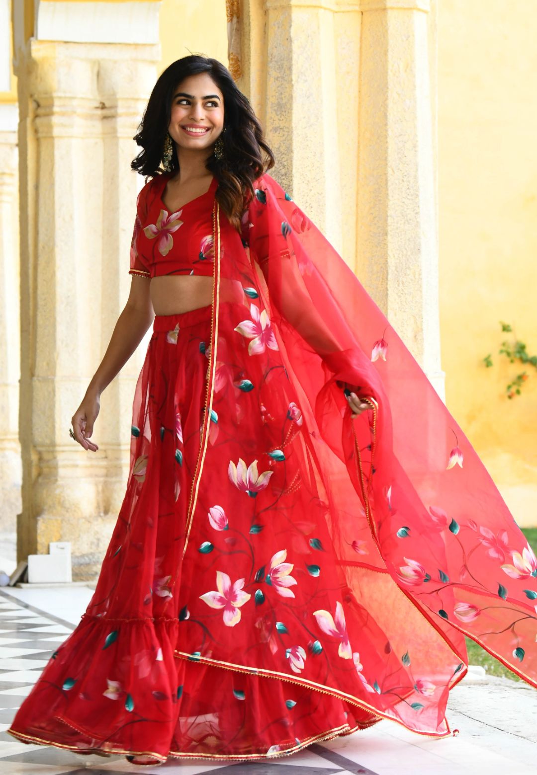 RED FLORAL HANDPAINTED ORGANZA LEHENGA SET