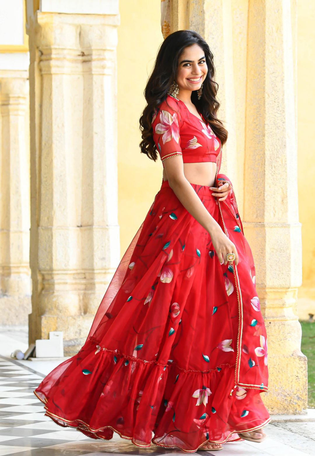 RED FLORAL HANDPAINTED ORGANZA LEHENGA SET