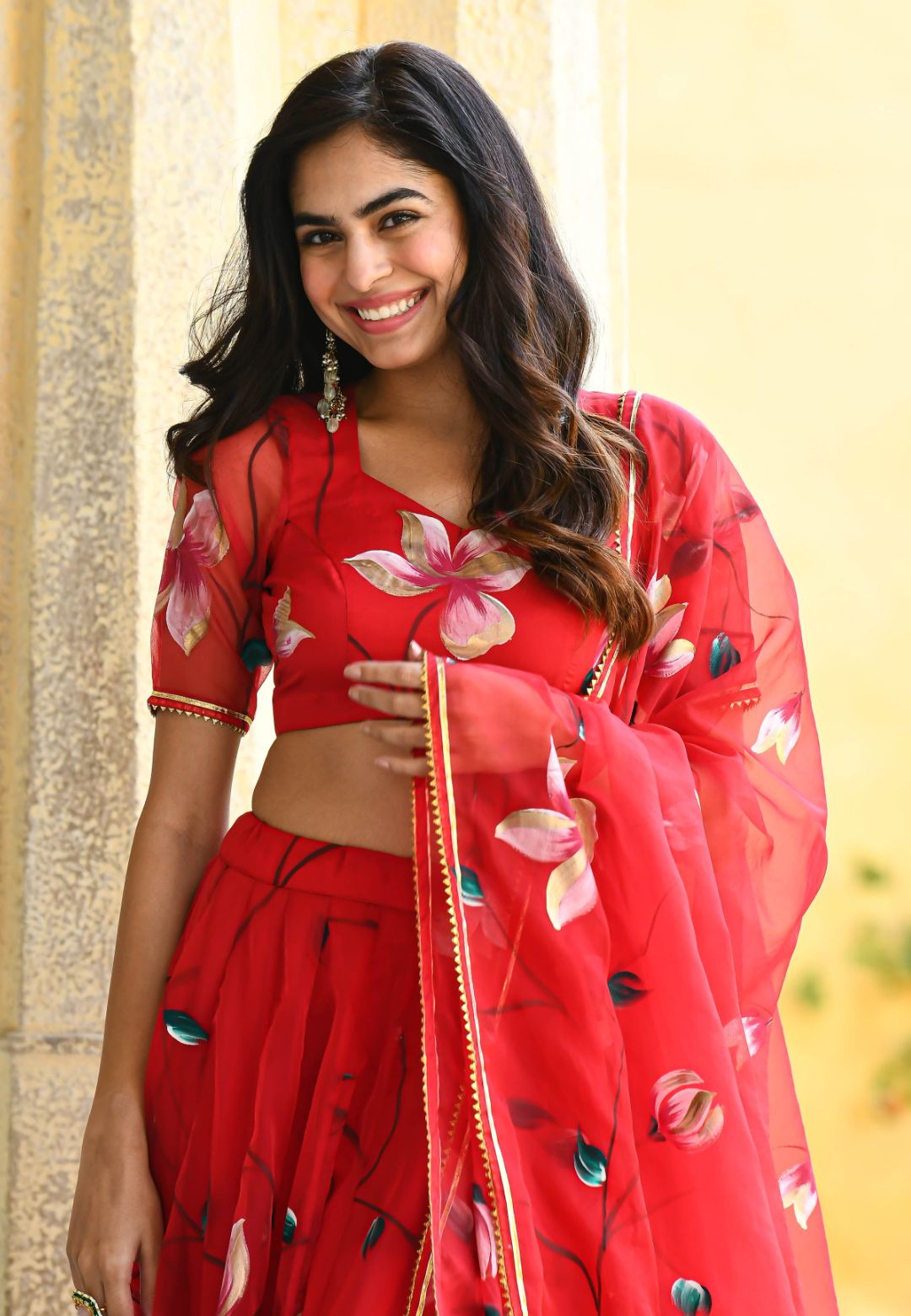 RED FLORAL HANDPAINTED ORGANZA LEHENGA SET