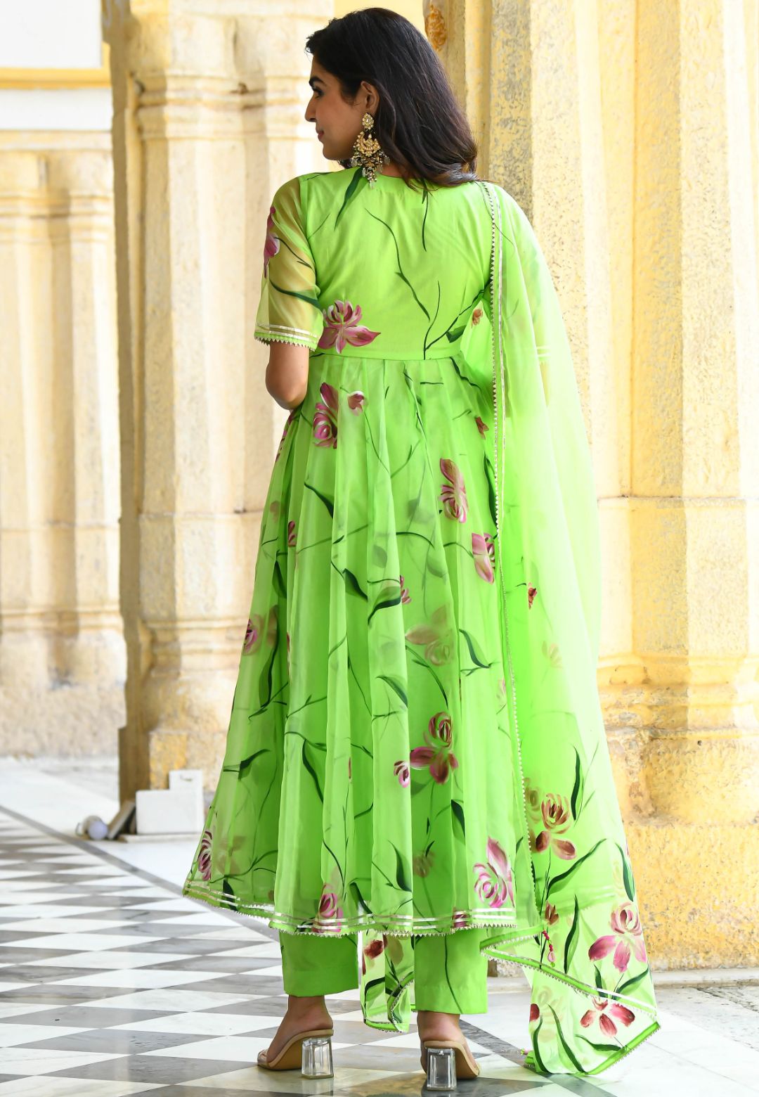 VIBRANT GREEN HANDPAINTED ORGANZA SUIT SET
