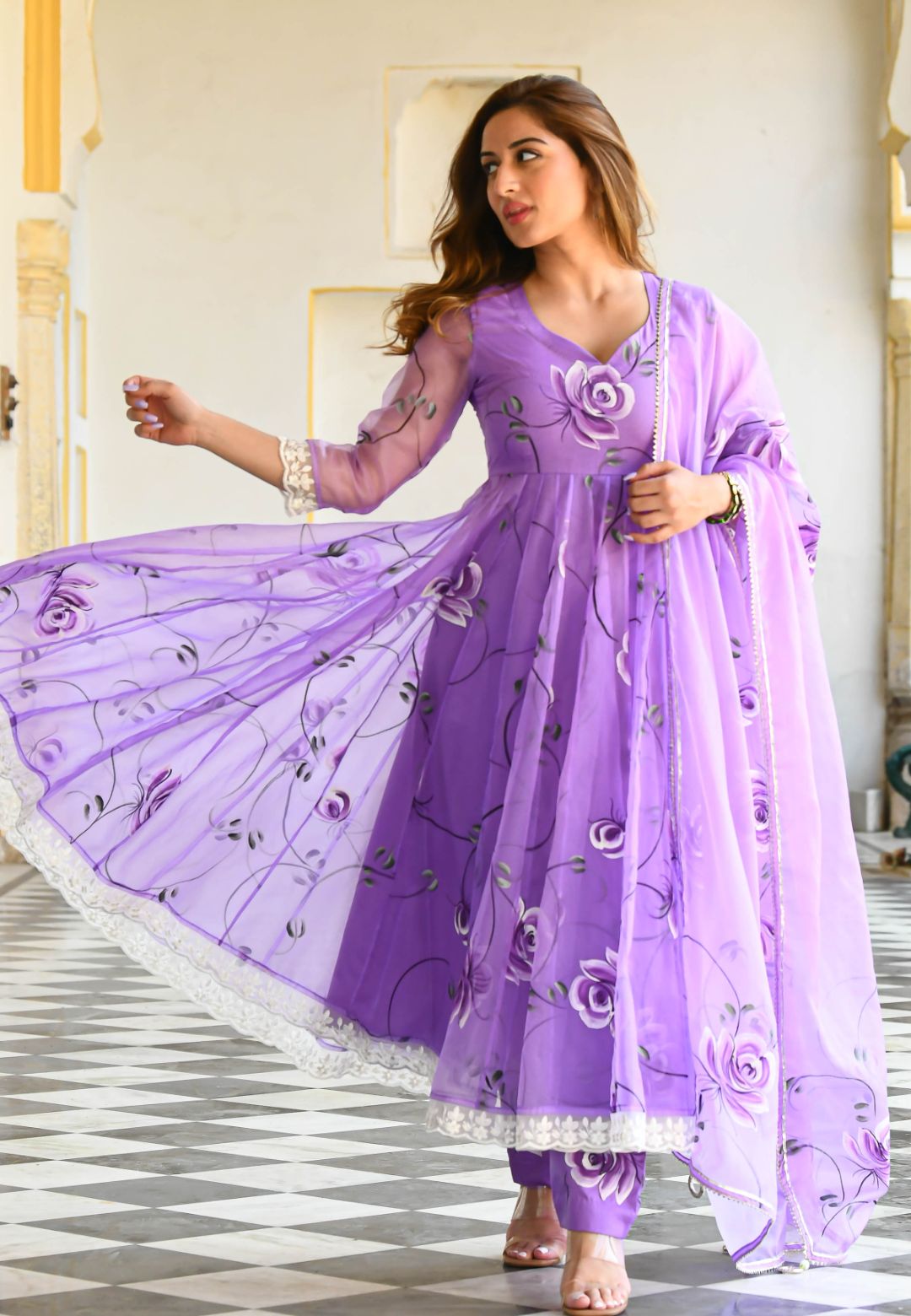 LAVENDER PURPLE HANDPAINTED ORGANZA SUIT SET