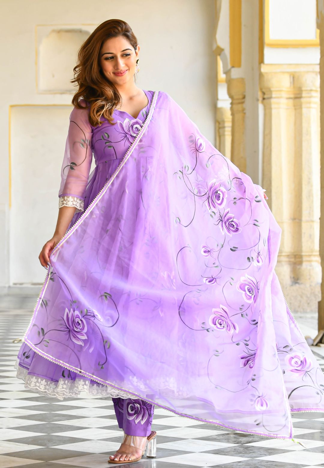 LAVENDER PURPLE HANDPAINTED ORGANZA SUIT SET