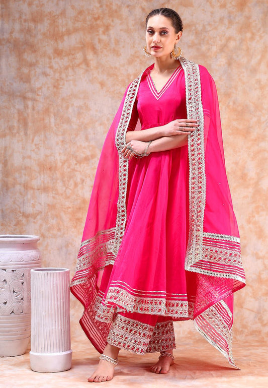 HOT PINK DIL KASH ORGANZA ANARKALI SUIT SET