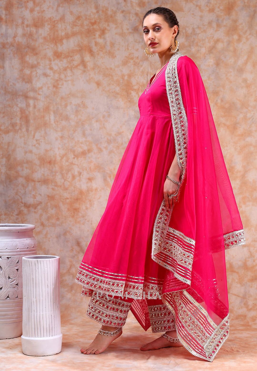 HOT PINK DIL KASH ORGANZA ANARKALI SUIT SET
