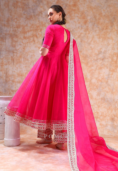 HOT PINK DIL KASH ORGANZA ANARKALI SUIT SET