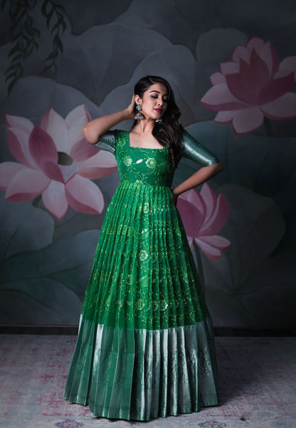 GREEN ORGANZA SEQUIN ANARKALI DRESS