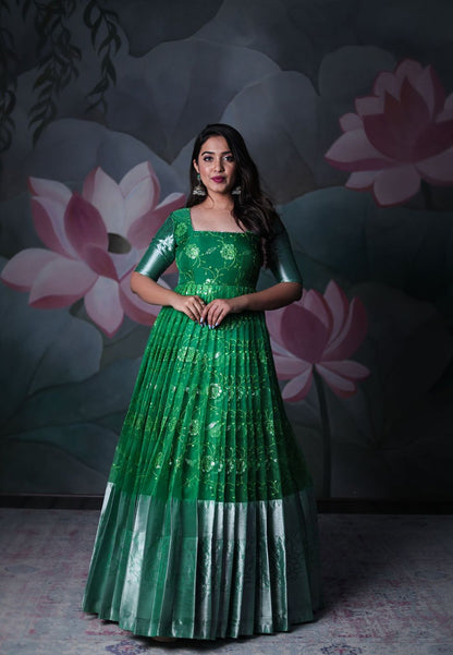 GREEN ORGANZA SEQUIN ANARKALI DRESS