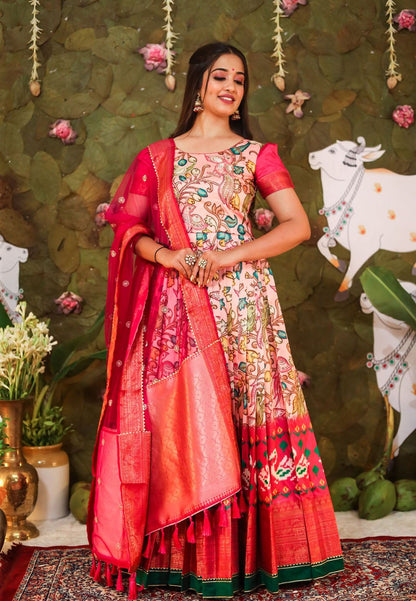 PEACH PINK ART SILK KALAMKARI ANARKALI SET