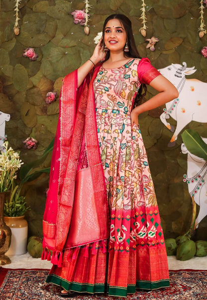 PEACH PINK ART SILK KALAMKARI ANARKALI SET