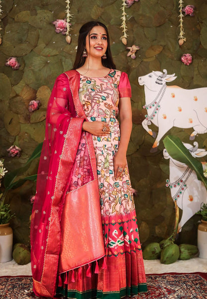 PEACH PINK ART SILK KALAMKARI ANARKALI SET