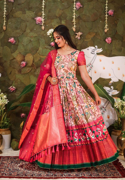 PEACH PINK ART SILK KALAMKARI ANARKALI SET