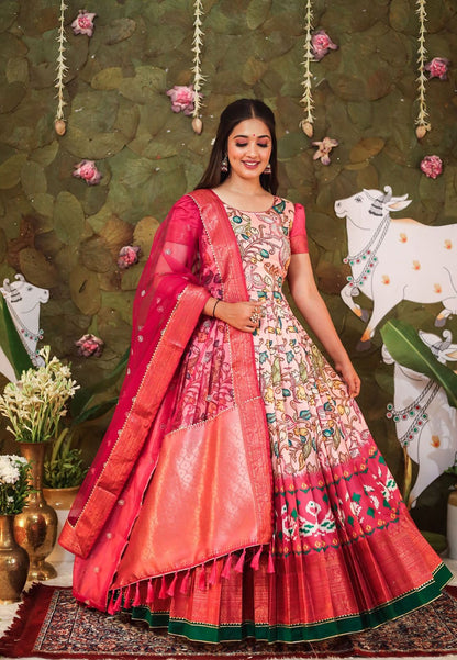 PEACH PINK ART SILK KALAMKARI ANARKALI SET