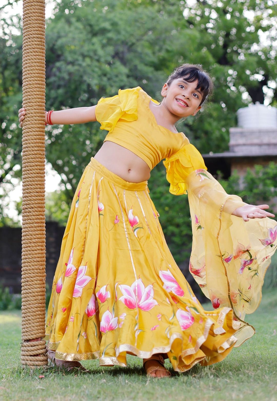 YELLOW DARIA SATIN HANDPAINTED LEHENGA SET