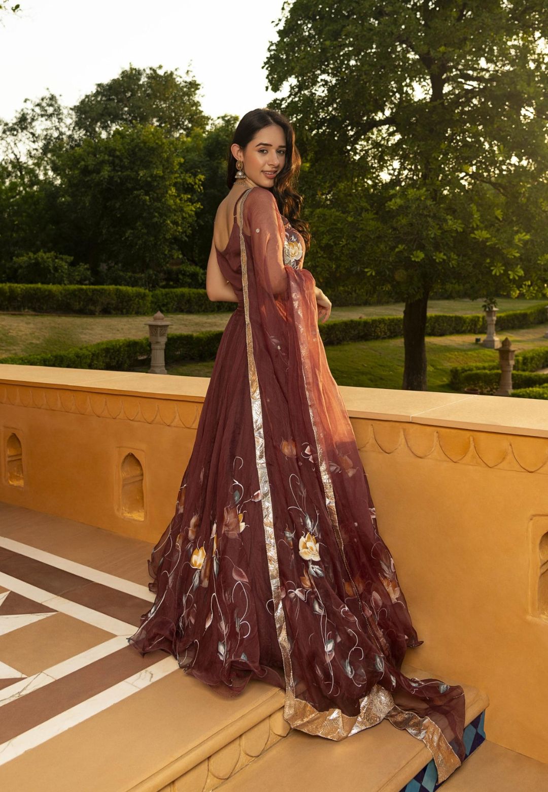 BROWN MIFRA HANDPAINTED ORGANZA LEHENGA SET