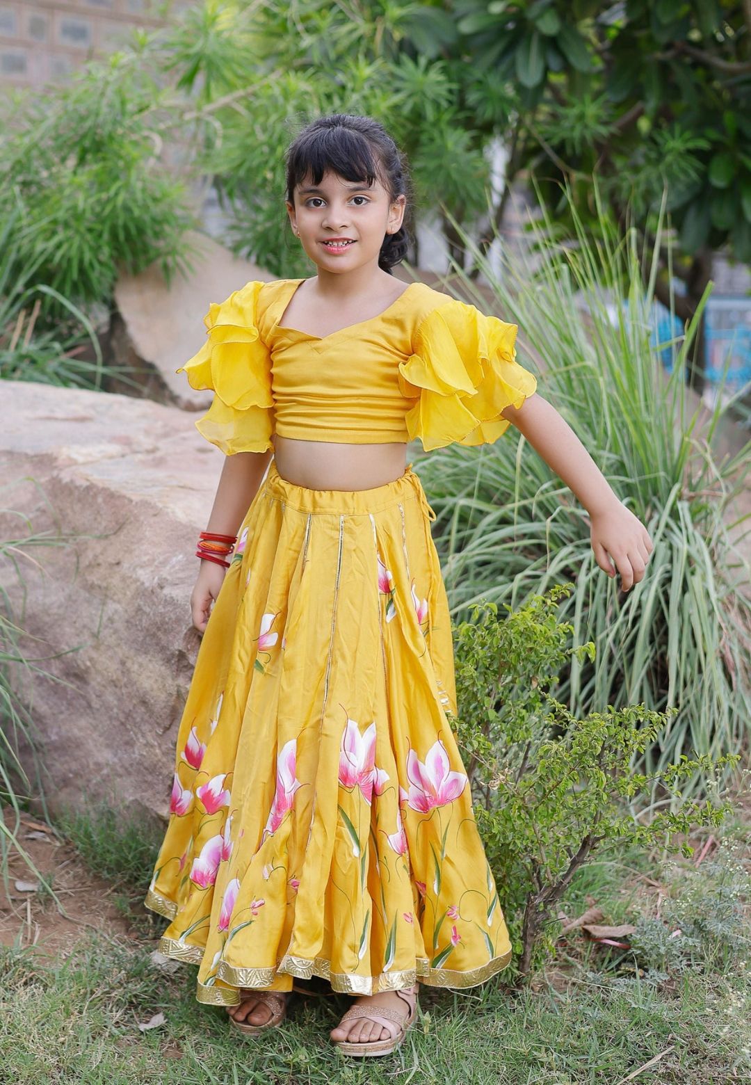 YELLOW DARIA SATIN HANDPAINTED LEHENGA SET