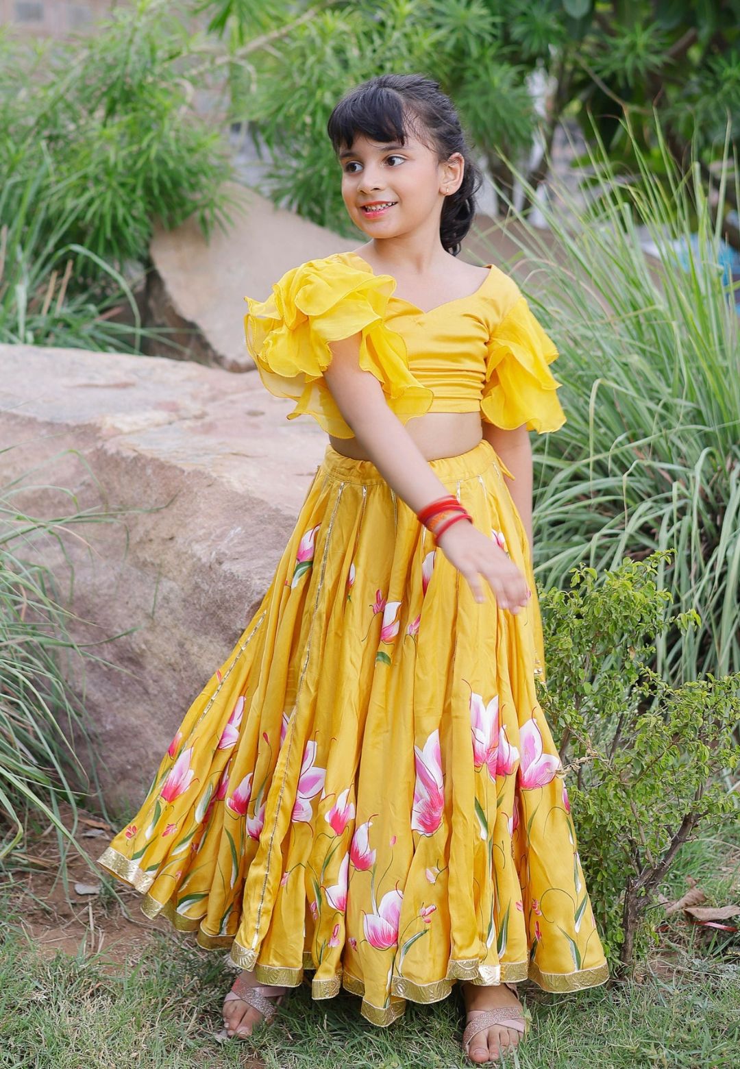 YELLOW DARIA SATIN HANDPAINTED LEHENGA SET