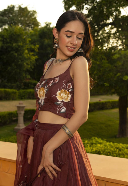 BROWN MIFRA HANDPAINTED ORGANZA LEHENGA SET