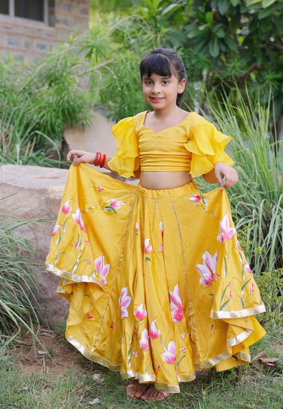 YELLOW DARIA SATIN HANDPAINTED LEHENGA SET