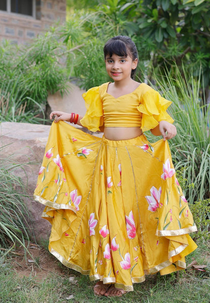 YELLOW DARIA SATIN HANDPAINTED LEHENGA SET