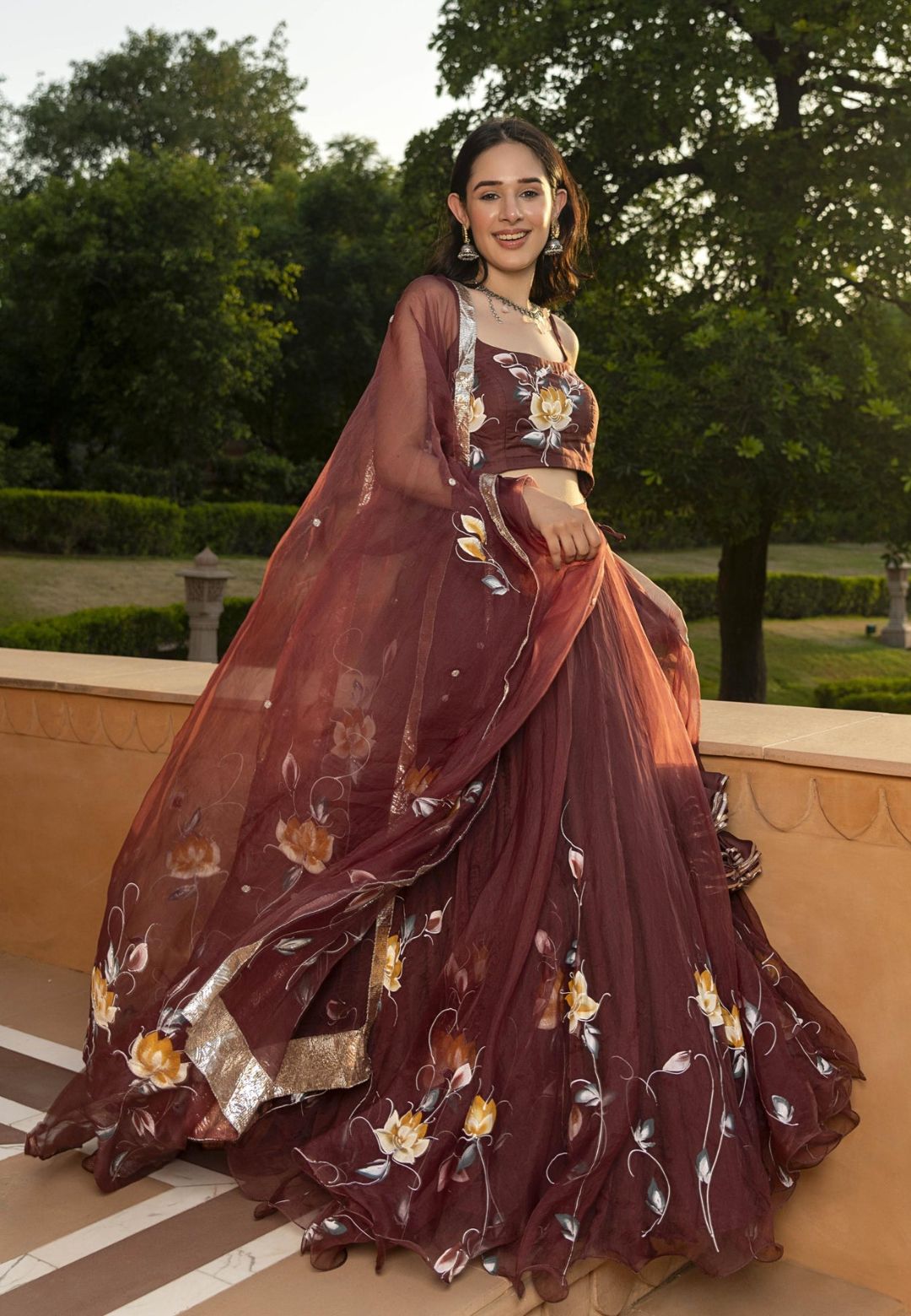 BROWN MIFRA HANDPAINTED ORGANZA LEHENGA SET