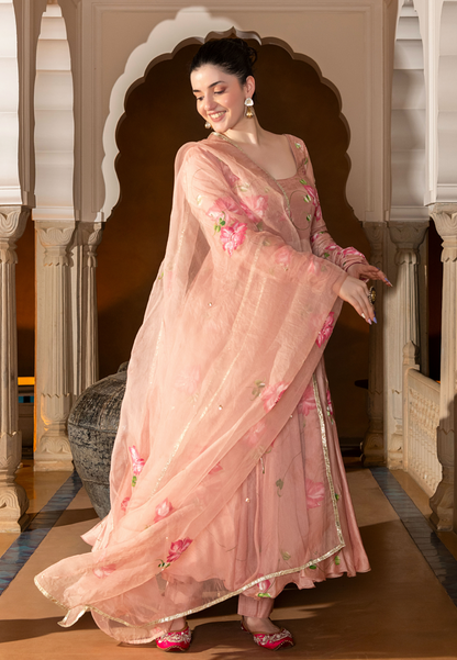 BEIGE ESHAL HANDPAINTED COTTON SILK SUIT SET