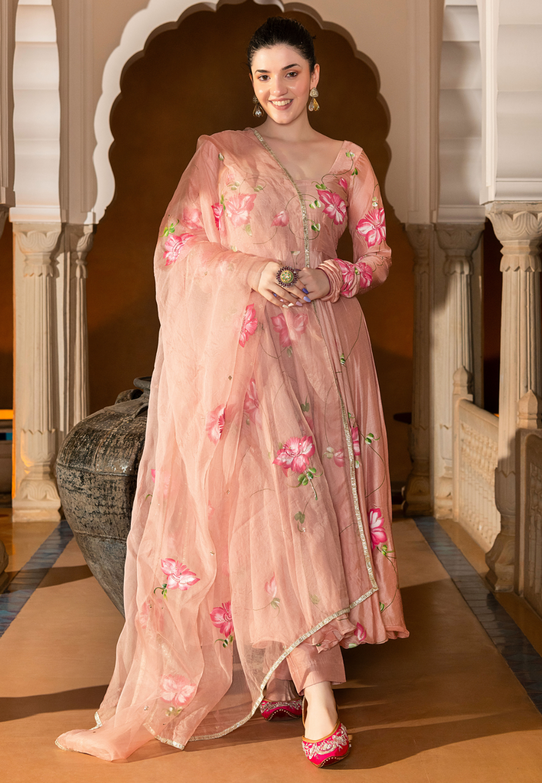 BEIGE ESHAL HANDPAINTED COTTON SILK SUIT SET