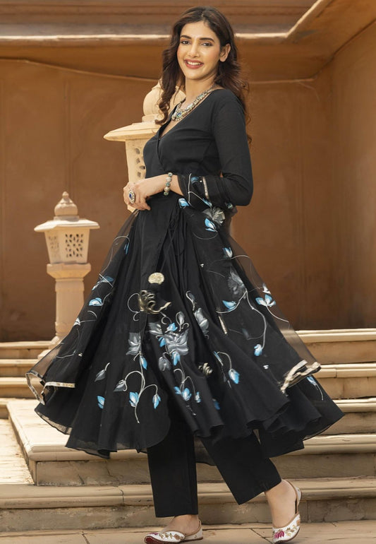 BLACK NAAZIA HAND PAINTED COTTON SUIT SET