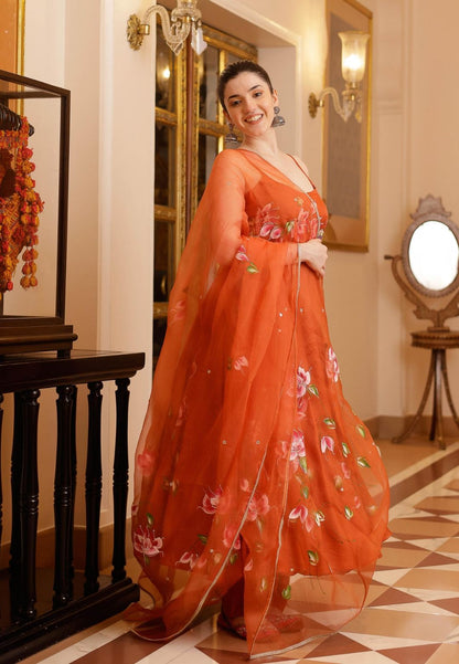 RUST ORANGE RIHA HANDPAINTED SATIN SUIT SET