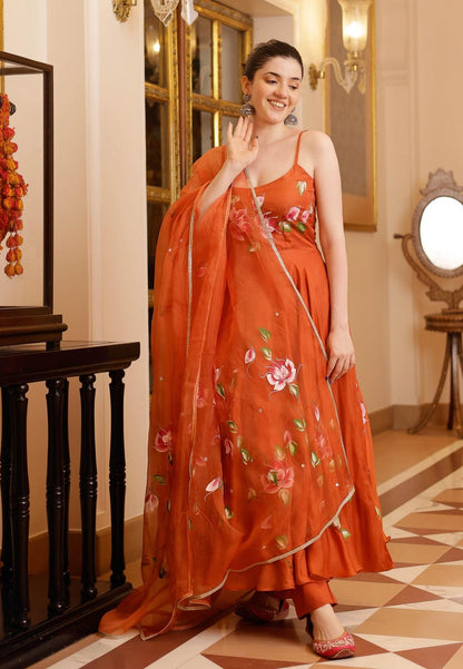 RUST ORANGE RIHA HANDPAINTED SATIN SUIT SET