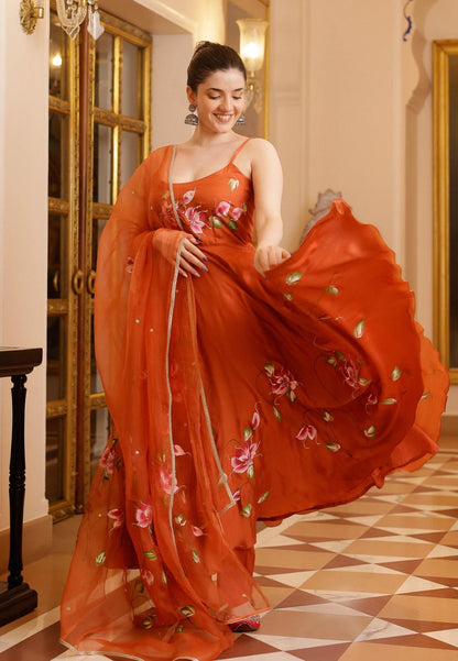 RUST ORANGE RIHA HANDPAINTED SATIN SUIT SET