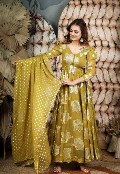 OLIVE GREEN GEORGETTE JACQUARD ANARKALI SET