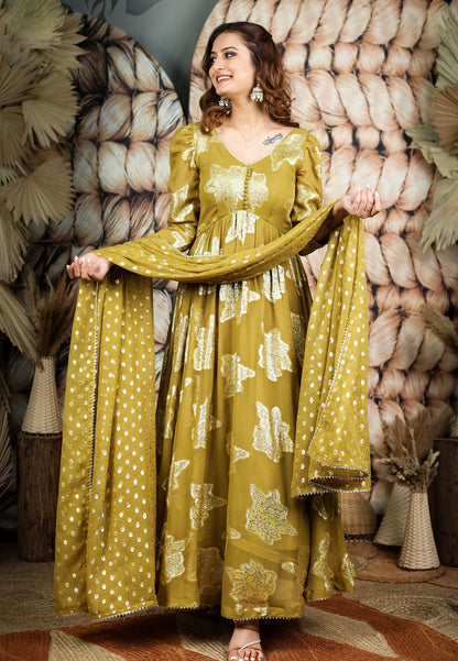 OLIVE GREEN GEORGETTE JACQUARD ANARKALI SET