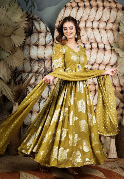 OLIVE GREEN GEORGETTE JACQUARD ANARKALI SET