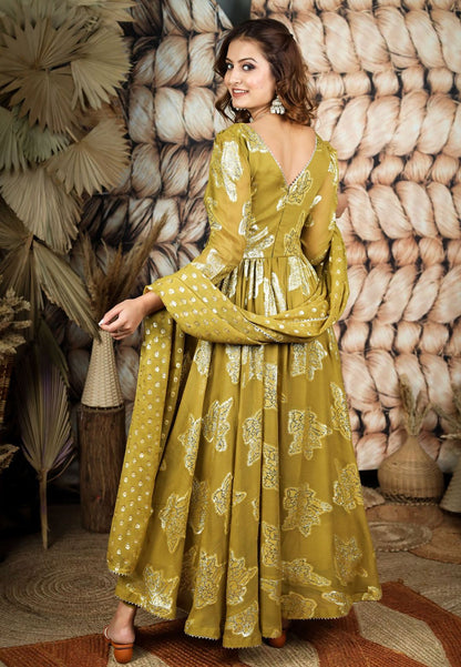 OLIVE GREEN GEORGETTE JACQUARD ANARKALI SET