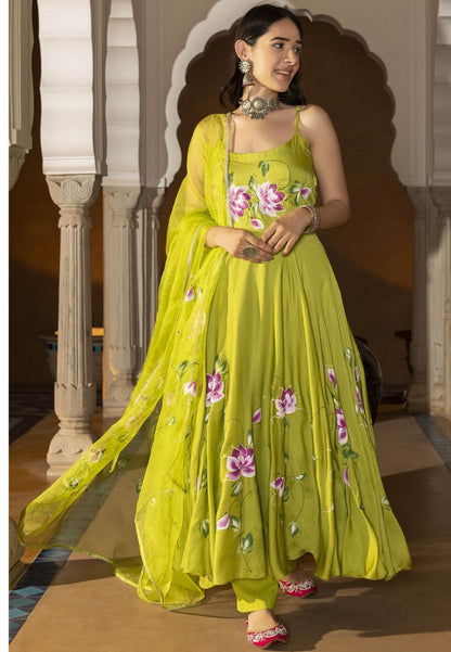 GREEN SANNA HANDPAINTED SATIN SUIT SET