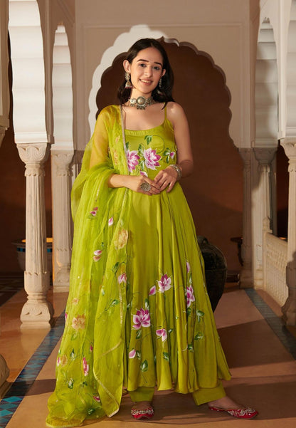 GREEN SANNA HANDPAINTED SATIN SUIT SET