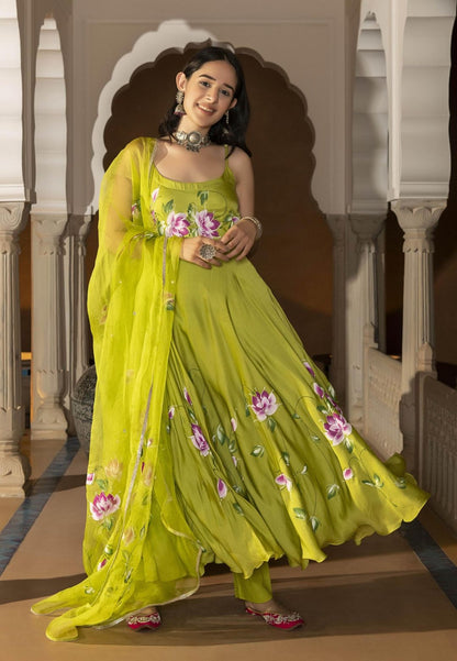 GREEN SANNA HANDPAINTED SATIN SUIT SET