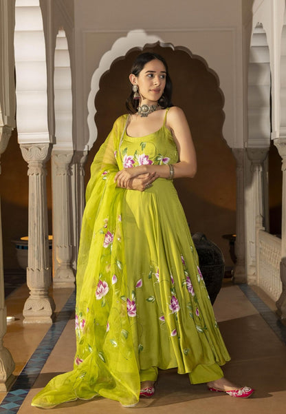 GREEN SANNA HANDPAINTED SATIN SUIT SET