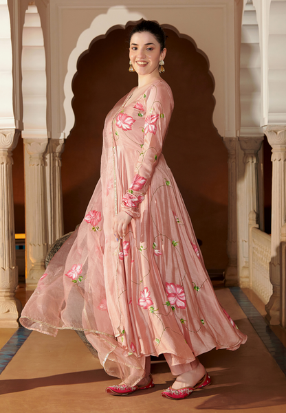 BEIGE ESHAL HANDPAINTED COTTON SILK SUIT SET
