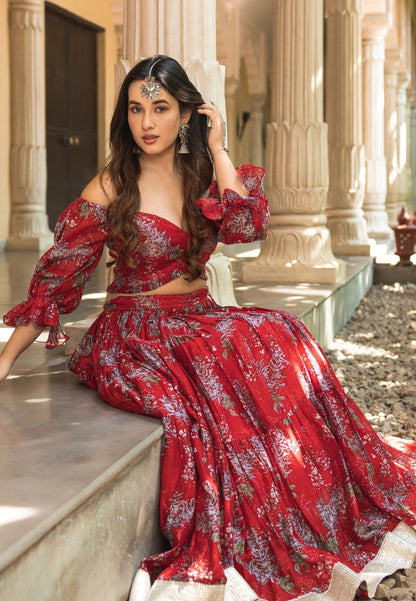 RED MAAHINA CHANDERI LEHENGA SET