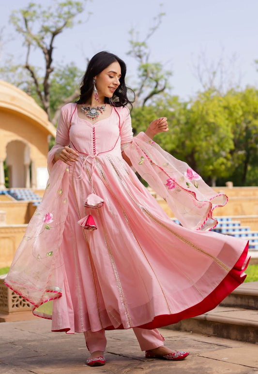 PINK AABOLI HAND PAINTED COTTON SUIT SET