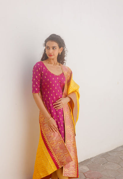 AAKRUTI MAGENTA YELLOW KURTA AND DUPATTA SET