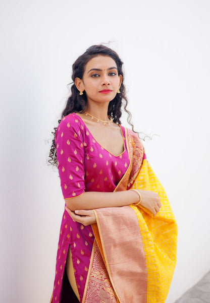 AAKRUTI MAGENTA YELLOW KURTA AND DUPATTA SET