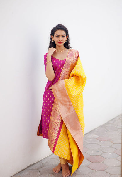 AAKRUTI MAGENTA YELLOW KURTA AND DUPATTA SET